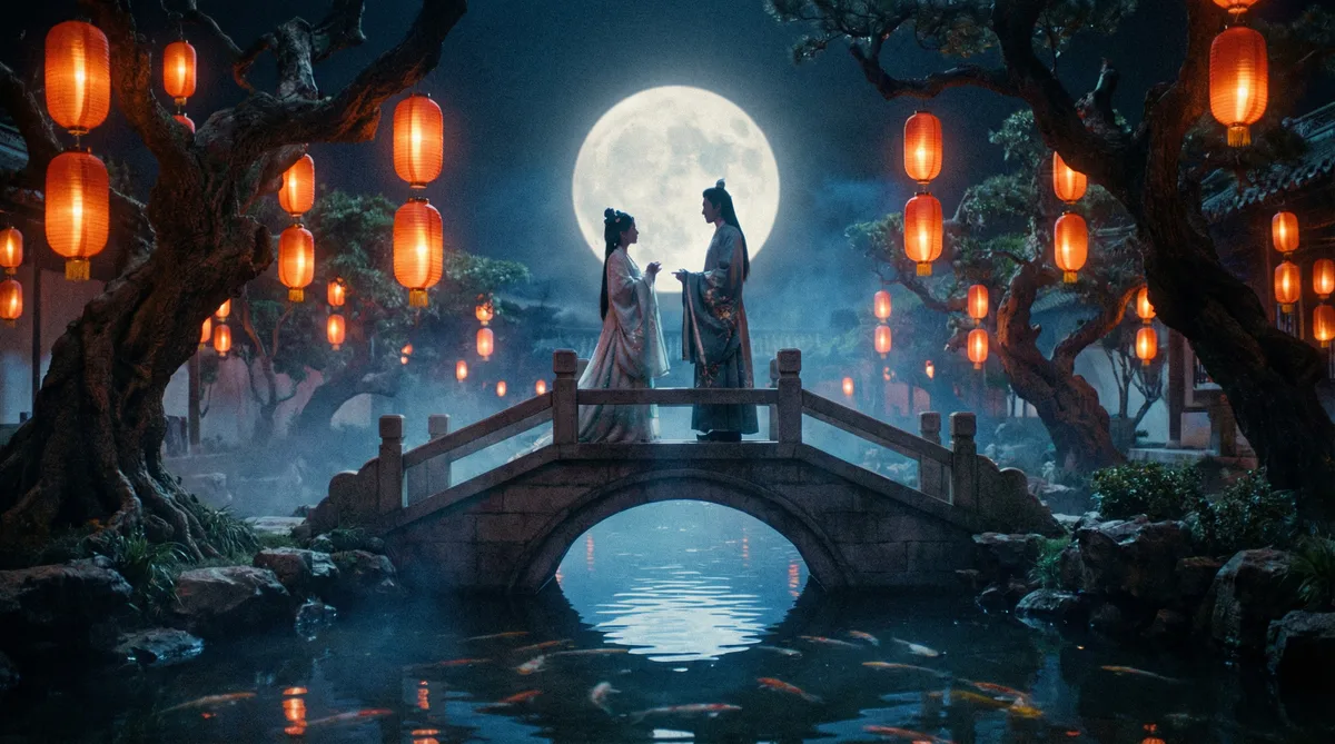 萝莉岛古典爱情片拍摄剧照-月下花园场景